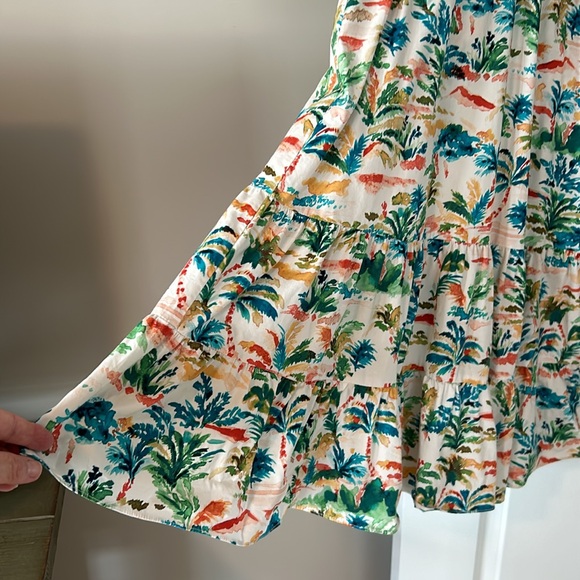 Donna Morgan Watercolor Print Ruffle Neck Tiered Dress w Pockets & Ruffle Hem - Picture 6 of 16